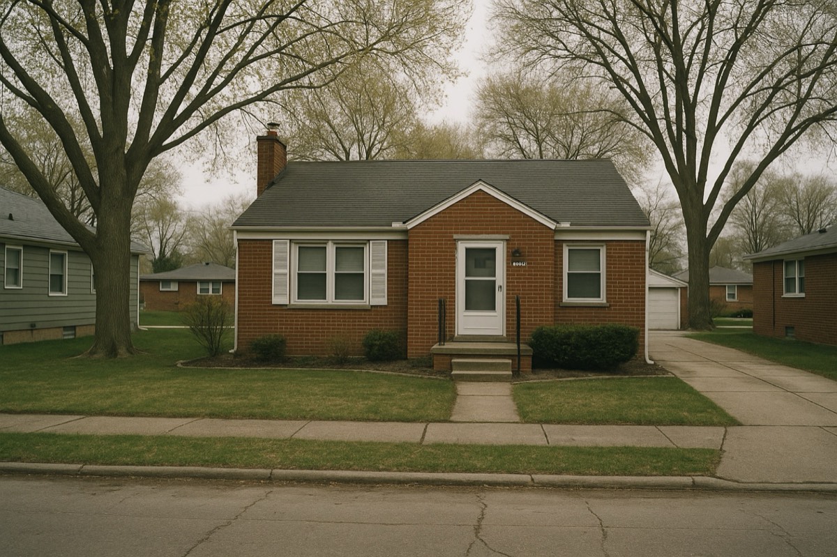 Brick ranch house on a residential street in metro Detroit