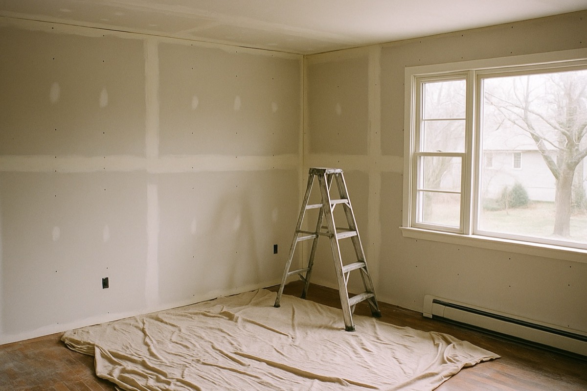 Living room mid renovation with fresh drywall and a work ladder